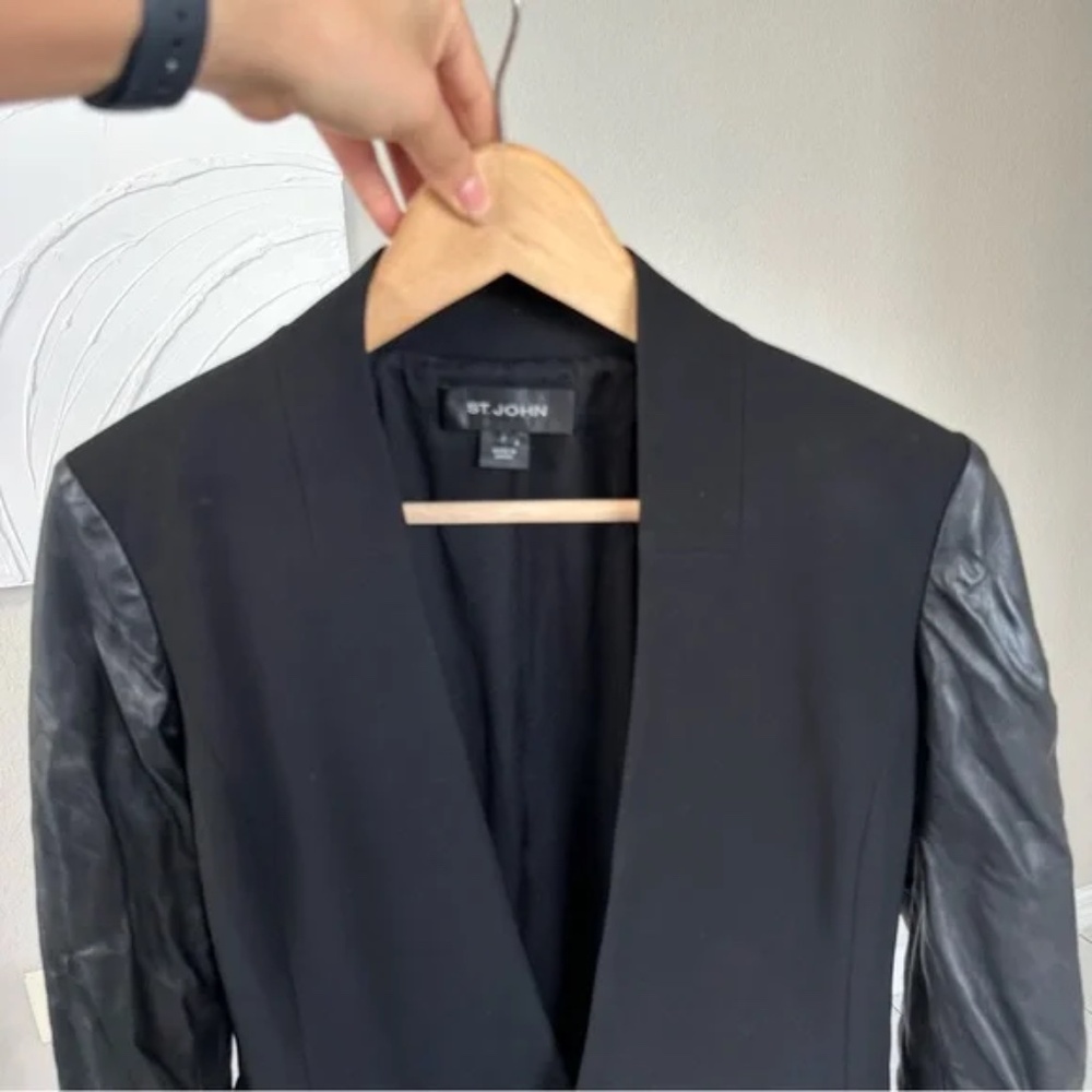 St. John Caviar Black Lamb Leather Open Front Blazer Jacket - Picture 11 of 16